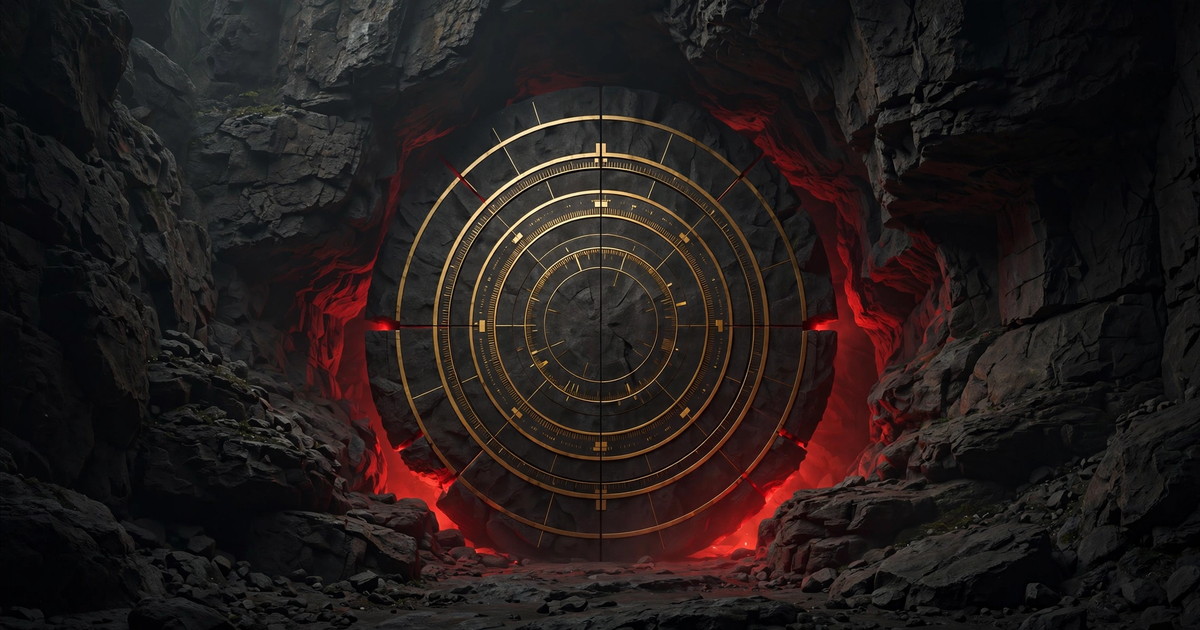 KalaBodha — a monumental vault carved into bedrock, sealed in deep red light